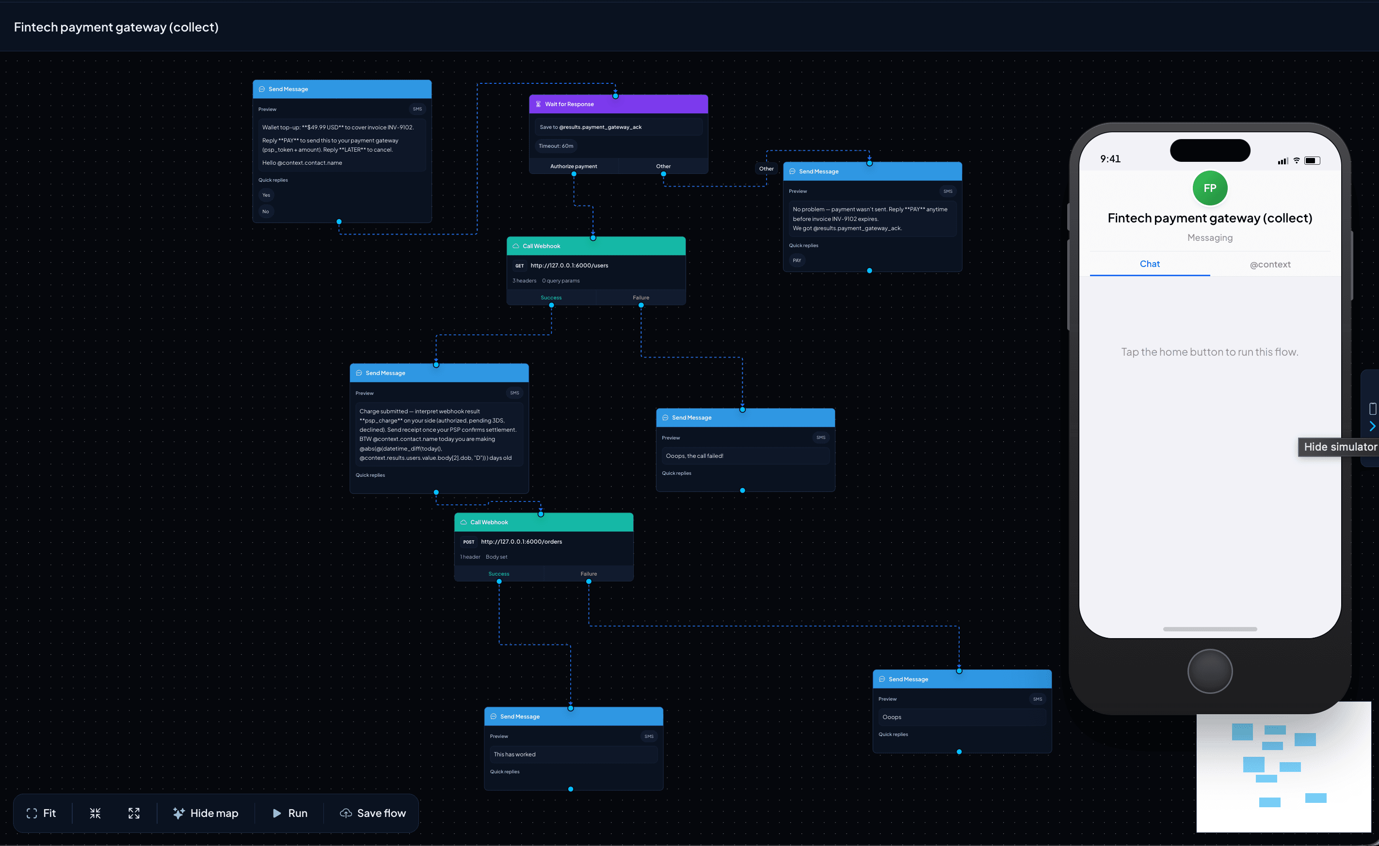 Daraja visual flow editor in dark mode building a payment flow with a live phone preview