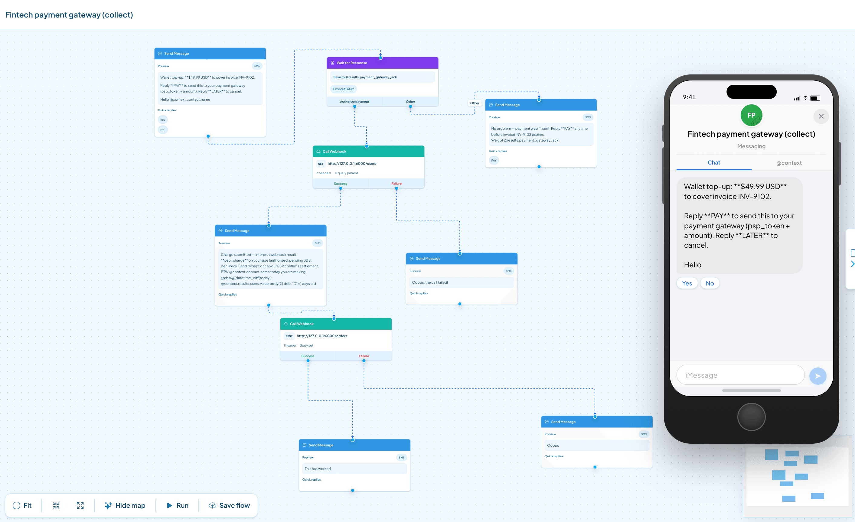 Daraja visual flow editor building a payment flow with a live phone preview