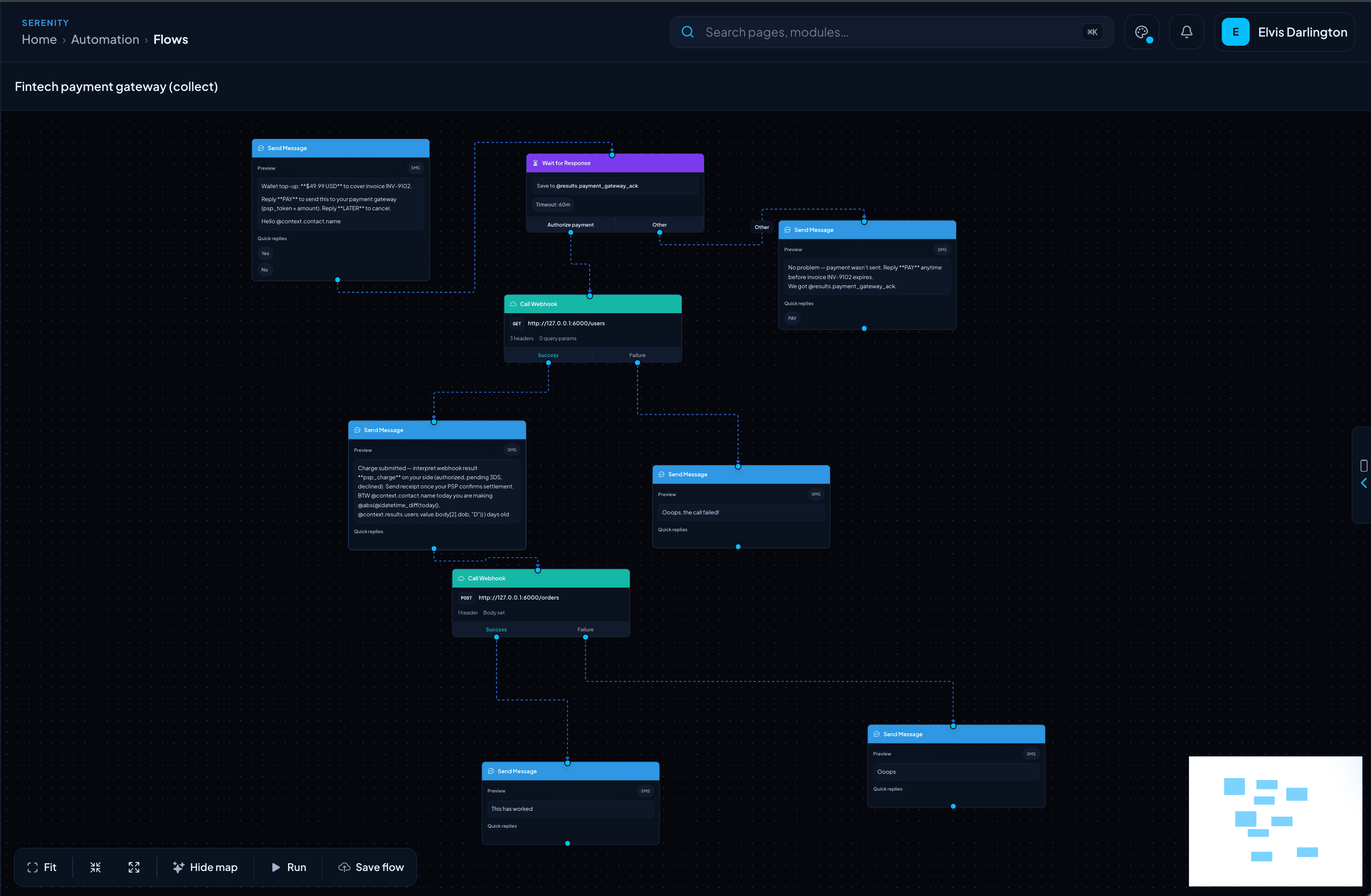 Visual flow builder canvas in dark mode with connected message, webhook and wait-for-response nodes