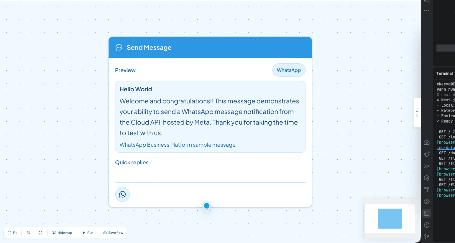 Send Message node with a WhatsApp message preview